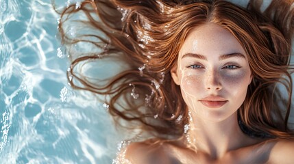 Woman Portrait with Chestnut Brown Wavy Hair Floating Above Crystal-Blue Water with Bright Sunlight. Copy space. Generative AI