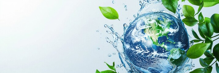 A crystal-clear Earth surrounded by water splashes and vibrant green leaves, symbolizing sustainability, nature, and environmental conservation. Ideal for Earth Day, water awareness, and eco campaigns