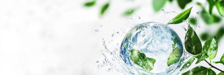 A transparent Earth surrounded by water splashes and green leaves, symbolizing environmental conservation, sustainability, and clean water. Ideal for Earth Day, eco-campaigns, and water preservation