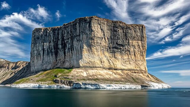 Majestic cliff rising from the Arctic waters under a vibrant sky near Baffin Island at mid-afternoon