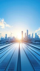 Fototapeta premium Urban skyline at sunrise with solar panels and wind turbines