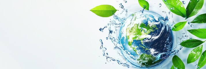 A crystal-clear Earth surrounded by water splashes and vibrant green leaves, symbolizing environmental conservation and sustainability. Ideal for Earth Day, water awareness, and eco campaigns