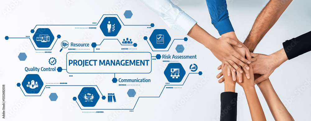 Poster This image illustrates the concept of project management emphasizing teamwork, resource allocation, risk assessment, and effective communication for business growth. Amity