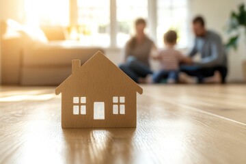 Happy family enjoys time at home, while a toy house sits on the floor