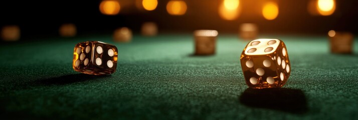 Rolling golden dice across a lush green casino table under glowing lights at a high stakes gaming night Generative AI