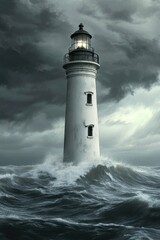 Obraz premium Stormy Waves Crash Around a Lighthouse Standing Resolutely Against a Dark, Turbulent Sky During a Fierce Ocean Tempest at Dusk