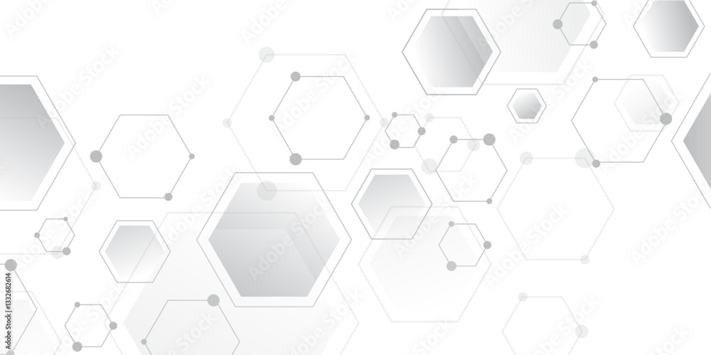 Poster Molecular structure abstract tech background. Geometric white background. Vector banner design with hexagons. Science network pattern, connecting lines and dots Medical background, Vector illustration