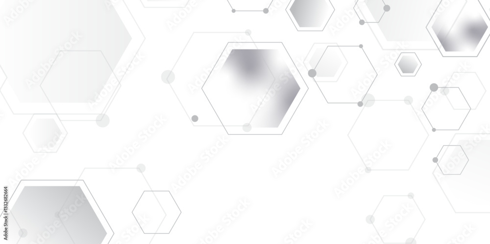 Poster Molecular structure abstract tech background. Geometric white background. Vector banner design with hexagons. Science network pattern, connecting lines and dots Medical background, Vector illustration