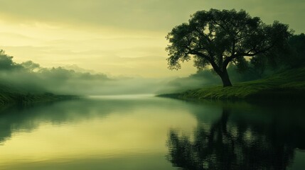 Fototapeta premium Gentle Morning Mist Over a Serene River With Lush Greenery and a Solitary Tree