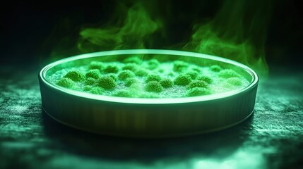 This captivating image features a petri dish filled with vibrant green microorganisms, surrounded by an ethereal mist, evoking a sense of intrigue and mystery.