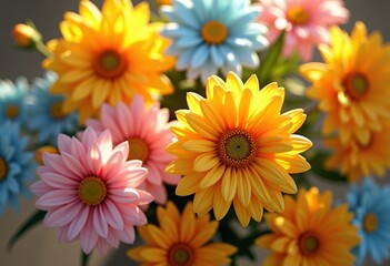vibrant colorful blooms brightening sunlit table gentle natural light enhancing their beauty charm, arrangement, aesthetic, ambiance, bouquet, cheerful