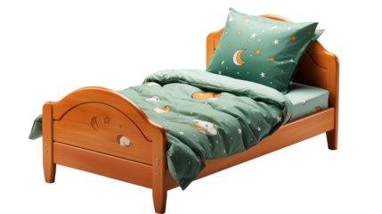 Wooden Toddler Bed Green Star Bedding, Cute Moon and Stars Design for Nursery Decor.