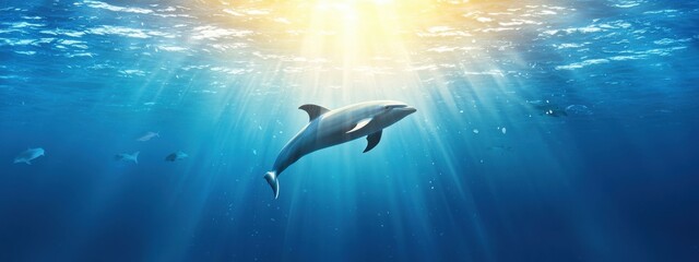 Obraz premium Beautiful Dolphin Swimming in Clear Ocean Water Under Sunlight