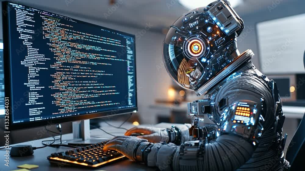 Poster astronaut coding in a futuristic workspace with advanced technology