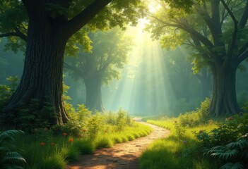 Obraz premium enchanting forest landscape bathed soft sunlight lush greenery sun kissed flora, trees, leaves, shadows, nature, scenery, wilderness, vibrant, rays