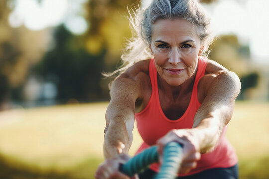 A fit older woman exercises outdoors, pulling a thick rope with determination, showcasing strength and focus in a sunny park setting.