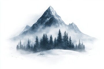Fototapeta premium A watercolor depiction of misty mountains, separate hills and trees, a wild forest, and a mountain range with towering peaks beneath a blue sky