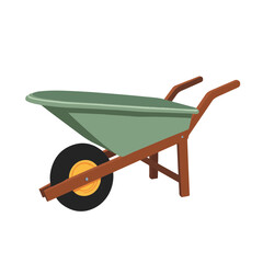 Classic green garden wheelbarrow on white background, minimalist design