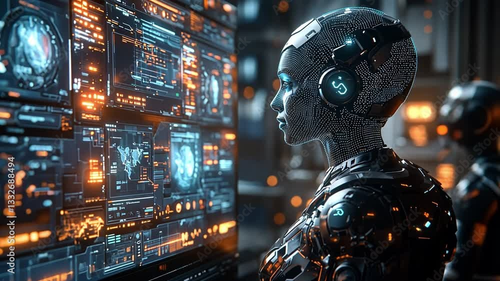Poster futuristic humanoid robot interacting with advanced technology in a high-tech environment at night