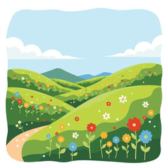 Obraz premium Colorful flowers blooming on rolling hills under blue sky, nature's beauty