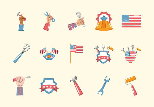 Blue and Red USA Patriotic Labor Day Icons Set