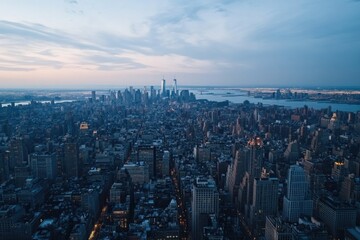 Fototapeta premium aerial view over sprawling megacity at twilight city lights just beginning to twinkle amidst geometric building patterns