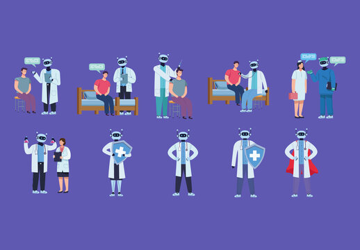 Colorful AI Doctor Robot Healthcare Technology Icons Set