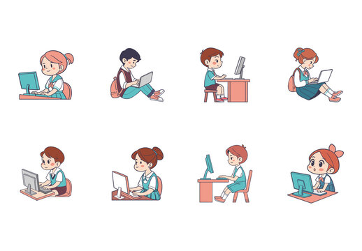 Colorful Student on Computer Illustration Set