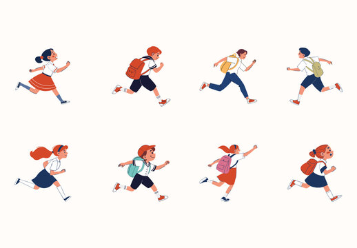 Colorful Student Running Character Illustration Set