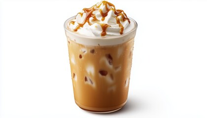 Refreshing And Sweet: Iced Caramel Latte With Whipped Cream And Caramel Sauce - A Delicious Coffee Beverage.