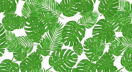 Tropical palm leaves pattern in bold green hues on a white background. Seamless Patterns