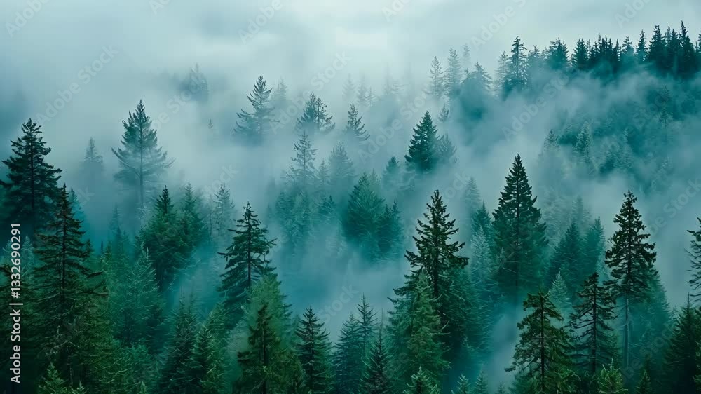 Aufkleber misty evergreen forest enveloped in fog during early morning hours with dense trees creating a seren