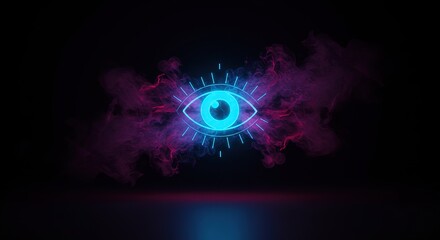 Obraz premium Glowing Blue Eye Surrounded by Pink and Blue Smoke on Dark Background. Think about concepts associated with an eye surrounded by smoke: mystery, surveillance, technology, futuristic themes, magic.