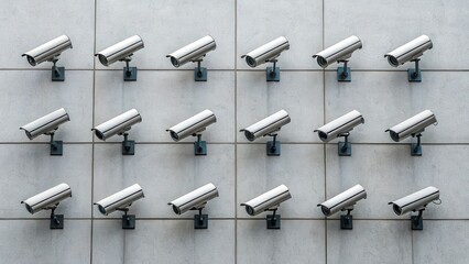 A wall covered with multiple surveillance cameras, highlighting security measures in urban environments.