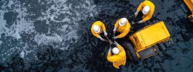 Workers in Yellow Uniforms Conducting Oil Cleanup at Sea Site