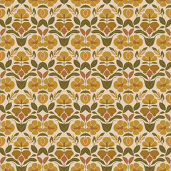 Rustic Brown and Green Floral Tile Seamless Pattern