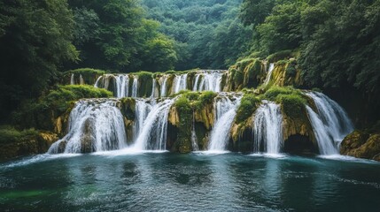 Obraz premium Captivating waterfall cascades lush forest nature photography serene environment wide-angle view tranquil beauty