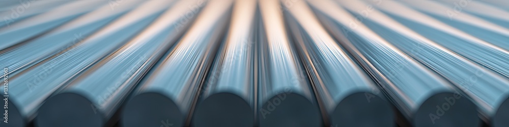 Poster macro depiction of polished steel rods arranged in symmetrical grid with subtle reflections creating