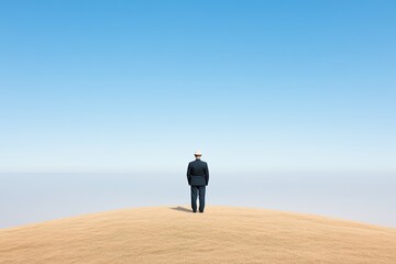 lone soldier stands at attention in crisp uniform framed by vast open sky with ample copy space above their silhouette
