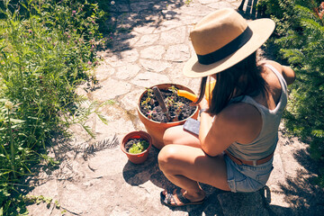 A woman waters seedlings in a pot. Transplants seedlings into a larger pot. There is a place to...