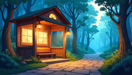 Enchanted bus stop amidst magical forest, fairy tale ambiance