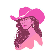 Modern long haired cowgirl wearing hat and earrings. Stylized western coquette aesthetic portrait.