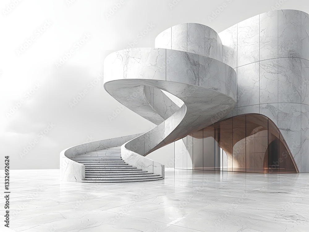 Poster minimalist spiral staircase building with clean lines and balanced motion