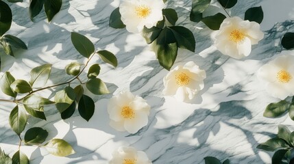 Obraz premium White flowers, leaves on marble, sunlight shadows