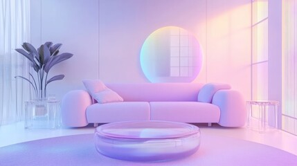 Pastel living room, modern sofa, round mirror, sunrise. Interior design, website banner