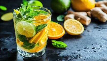 Fototapeta premium Healthy Detox Drink With Lemon, Mint, Lime, Ginger, And Orange On A Dark Table For Improved Metabolism And Weight Loss. Enjoy A Healthy Life! Selective Focus.