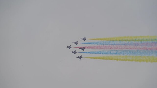 Chinese aerobatic aircraft show using a J10 aircraft at Don Mueang Airport