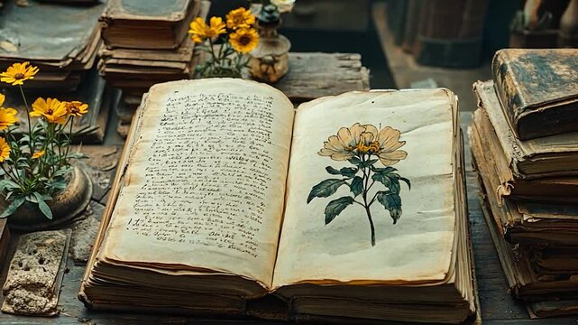 Vintage open book with handwritten text and flower illustration on a rustic table surrounded by old books and sunflowers