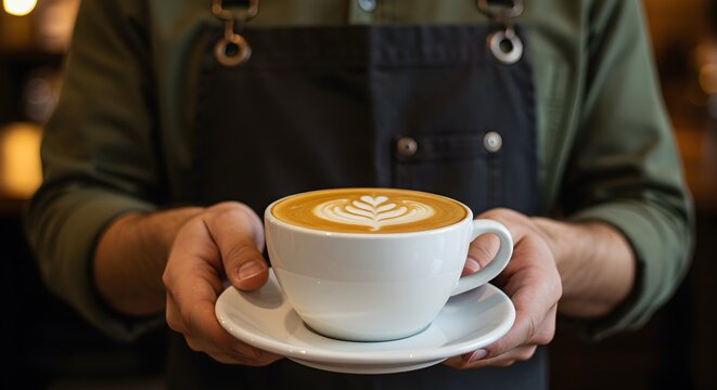 Close-up of barista holding a cup of coffee with latte art, ready to serve to customers in a coffee shop, studio shot