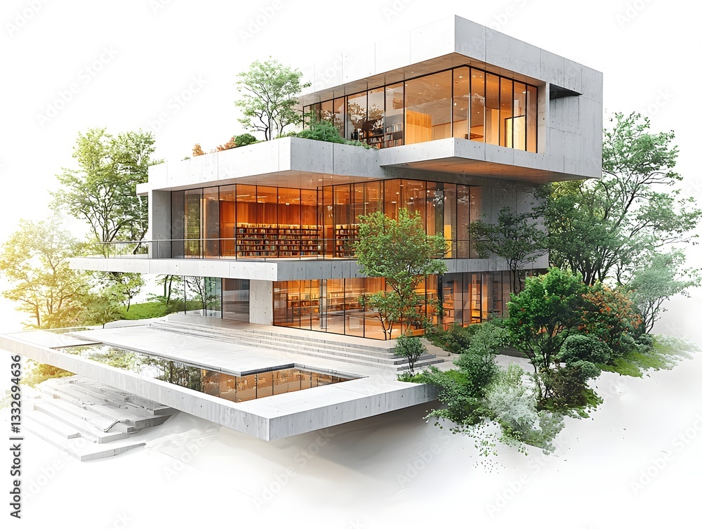 Poster modern minimalist library building with sleek geometric forms and clean line sketch